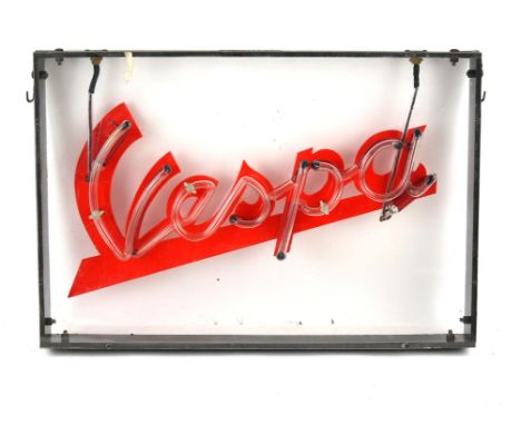 Vespa fluorescent light sign, housed in plastic casing. Size of case 33 x 38.5cm Condition Report:  Not been tested, is not w