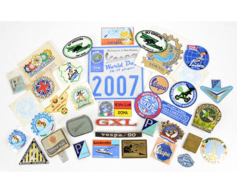 Large set of Vespa badges, including (among others): Piaggio Genova enamel Vespa badge, fabric Club Lambretta badge, various 