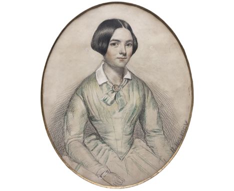 H Holiday (British 19th century): Portrait of a Young Victorian Woman, pencil and crayon signed 28cm x 23cm