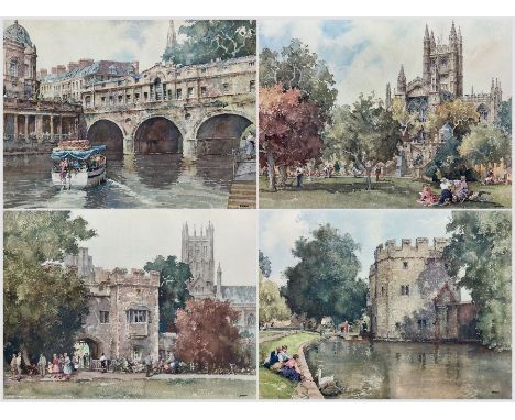 Eric R. Sturgeon (British 1920-1999): 'The Palace Gatehouse Wells', 'Bath Abbey', 'Pulteney Bridge' and 'Wells Cathedral', se