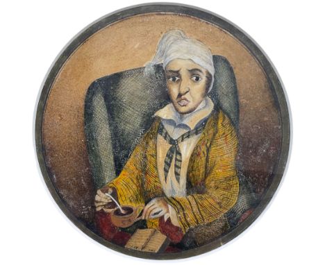 Victorian Primitive School (19th century): Portrait of a Man with Bed Cap and Coffee, oil on board unsigned 16cm x 16cm 