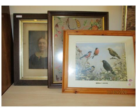 GROUP OF EMBROIDERED PICTURES, PORTRAIT PRINT ETC