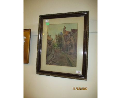 COLOURED PRINT OF A RURAL STREET SCENE