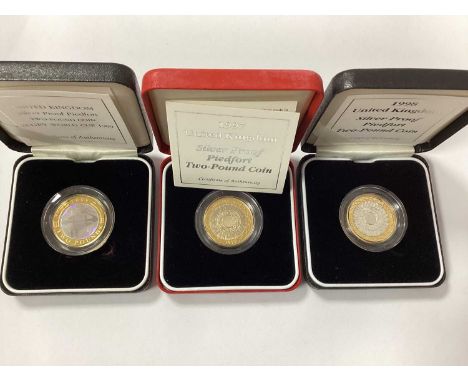 Three Royal Mint UK Silver Proof Piedfort £2 Coins, including 1997, 1998 and a 1999 Rugby World Cup, all cased with certifica