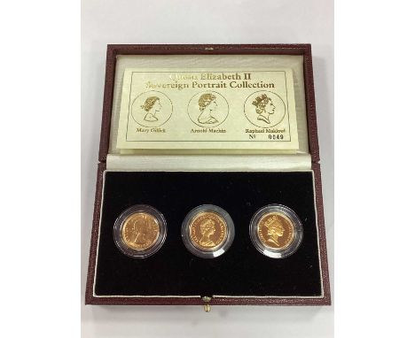 Royal Mint QEII Gold Sovereign Three Coin Portrait Collection, cased with a certificate of authenticity.