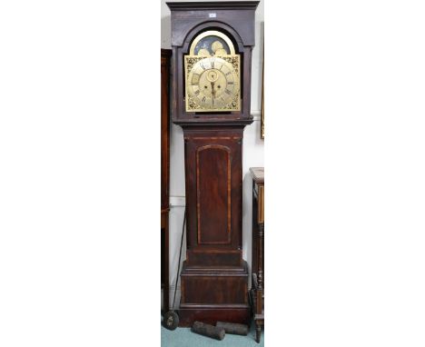 A 19th century brass faced longcase clock marked Clifton Liverpool, with moon dial over main dial bearing Roman and Arabic nu