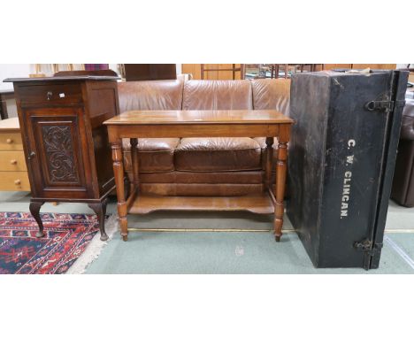A lot comprising mahogany bedside cabinet, mahogany hall table and metal travel trunk (3) Condition Report:Available upon req