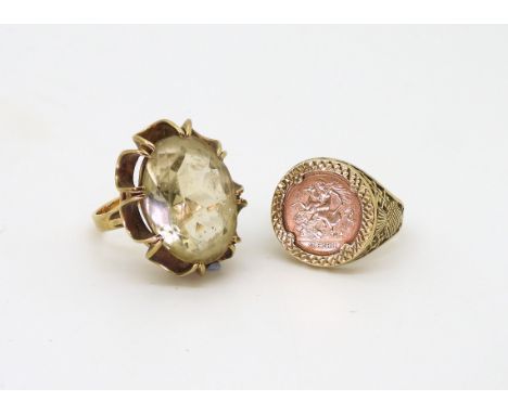 A 9ct gold ring with mounted Smoky quartz, size M, together with a 9ct gold ring, mounted with a faux 'St. George' 1/2 sovere