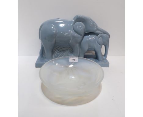 Charles Lemanceau (1905-1980) - a French Art Deco ceramic sculpture of a mother elephant and calf, glazed in blue, together w