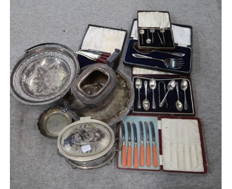 A collection of EPNS including cased cutlery sets, an EPNS and cut crystal tea caddy, the finial modelled as a hunter and his
