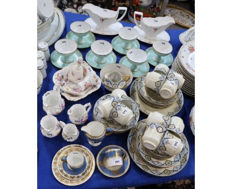 A hand painted porcelain tea service, A Wedgwood blue and gilt trio, a coffee can and saucer, Royal Crown Derby Derby Posies 