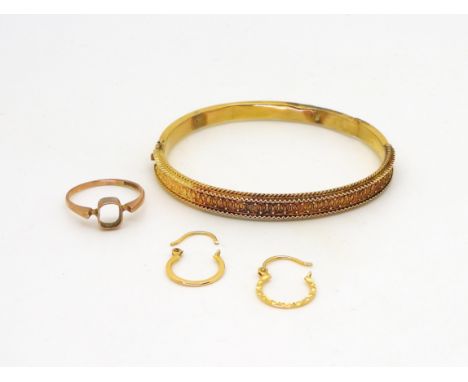 A 15ct gold (af) Etruscan revival bangle weight 9.5gms, together with a 9ct gold&nbsp; ring, size P, and a pair of broken 9ct