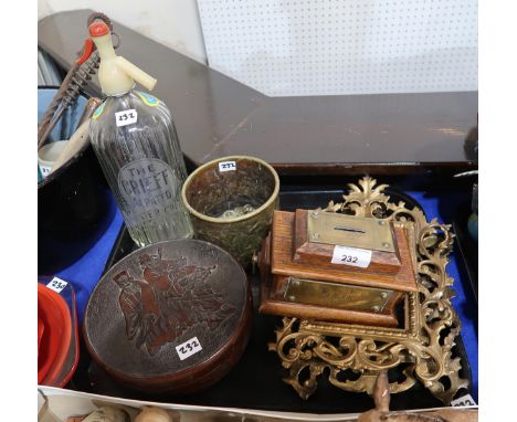 A Chinese carved wooden box, a pair of metal easel frames, a wood and brass money bank, Soda syphon etc Condition Report:No c