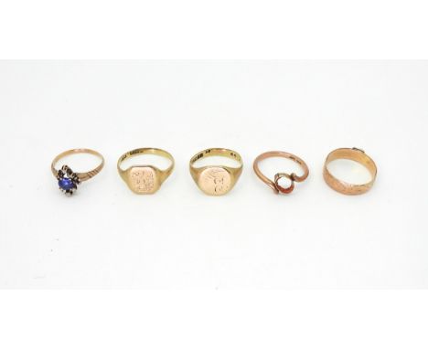 Two 9ct gold signet rings, sizes S, and Q1/2, a blue gem and diamond chip ring, size O, a Victorian band ring hallmarked Birm