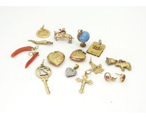 A 14k gold Parthenon pendant, weight 1.2gms collection of 9ct and yellow metal, ruby earrings, charms and pendants to include