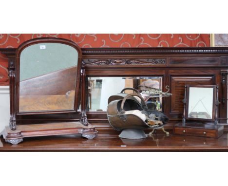 A mixed lot to include Victorian mahogany framed dressing mirror, smaller toilet mirror, coal depot, assorted fire tools etc&