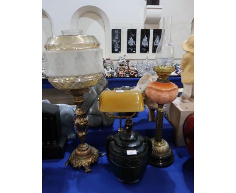 An Art Deco glass table lamp, an oil lamp and two other lamps Condition Report:Available upon request
