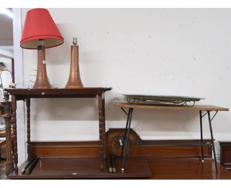 A lot comprising three mid 20th century coffee tables, 20th century bed tray, pair of wood based table lamps and a turned sta