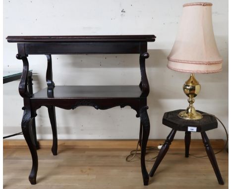 A lot comprising Victorian fold over card table, carved octagonal top stool and a brass table lamp (3) Condition Report:Avail
