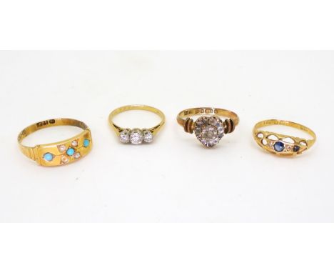 Two 18ct gold rings, clear gem 3 stone K, size L1/2, blue gem and diamond chip L1/2, a 15ct gold turquoise and pearl ring siz