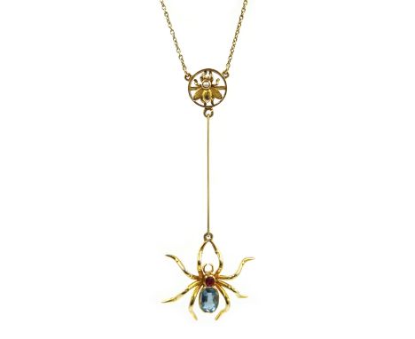 Victorian 15ct gold (tested) ruby, aquamarine and split pearl spider and fly pendant necklace Condition Report Approx 5gm, le