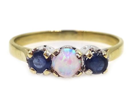 Sapphire and opal three stone 9ct gold ring hallmarked Condition Report size Q-R2.2gmClick here for further images, condition