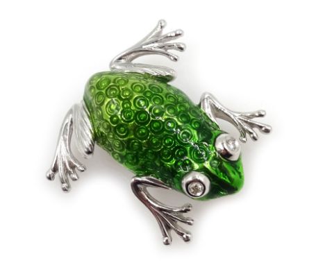 White gold and green enamel frog brooch with diamond eyes, hallmarked 18ct Condition Report Approx 15.7gm, length = 3cm Click