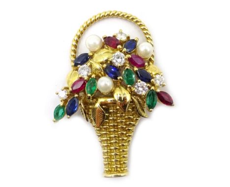 Gold diamond, emerald, ruby, sapphire and pearl flower basket brooch, hallmarked 18ct, diamonds 0.6 carat Condition Report Ap