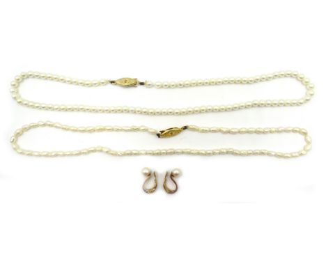 Cultured pearl necklace, freshwater pearl necklace and a pair of 9ct gold pearl ear-rings Condition Report Click here for fur