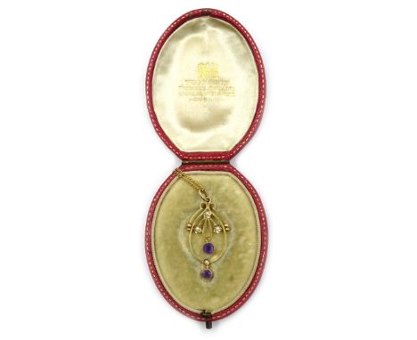 Art Nouveau gold amethyst and seed pearl pendant necklace stamped 9ct in original West & Son The King's jewellers 102&103 Gra