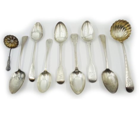 Six Georgian silver dessert spoons various makers and dates, Georgian silver ladle with scallop shell bowl and two other spoo