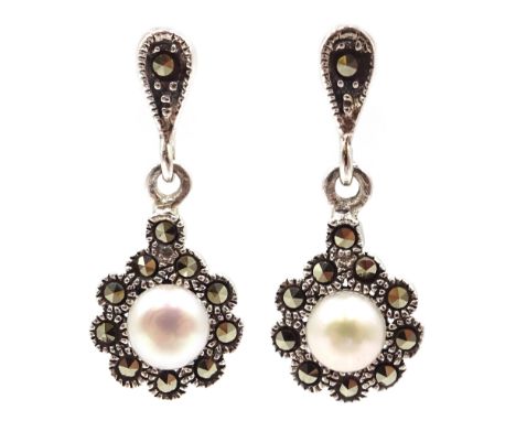 Pair of pearl and marcasite silver pendant earrings stamped 925 Condition Report Click here for further images, condition, au
