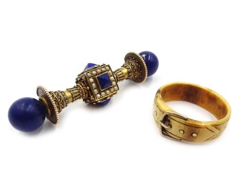  Victorian Etruscan lapis lazuli and split pearl brooch and a buckle ring Condition Report Click here for further images, con