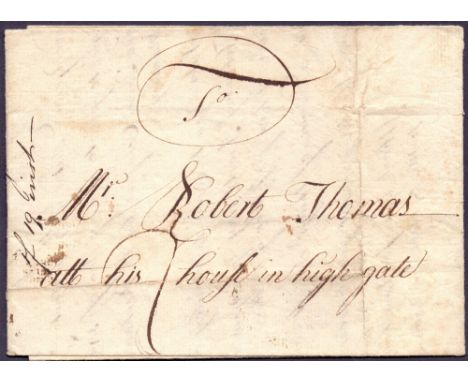 GREAT BRITAIN POSTAL HISTORY : 1748 entire letter addressed to a "Robert Thomas at his House, in Highgate". The letter relate