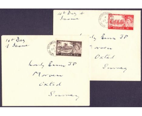 GREAT BRITAIN FIRST DAY COVER : 1955 2/6 and 5/- Castles on matching hand addressed pair of first day covers , Royal Automobi