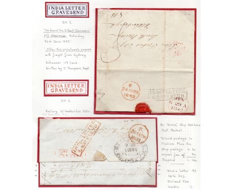 GREAT BRITAIN POSTAL HISTORY : KENT, Gravesend India Ship Letters. Album page with two entires: 1842  letter written "On boar