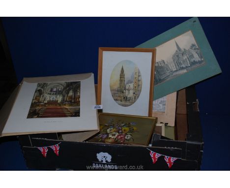A quantity of prints and paintings including set of prints of cathedral and churches, charcoal etc.