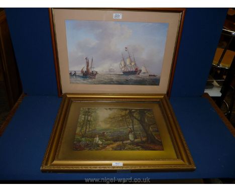 A framed and mounted print of a sea scape with sailing ship along with a framed and mounted woodland scene with figures.