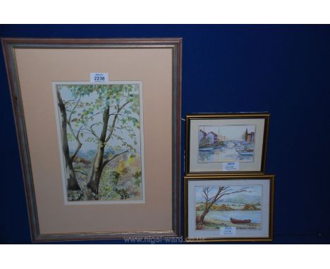 A watercolour of forest landscape by A. Marshall and two small Watercolours, one being a lake scene with rowing boat, the oth