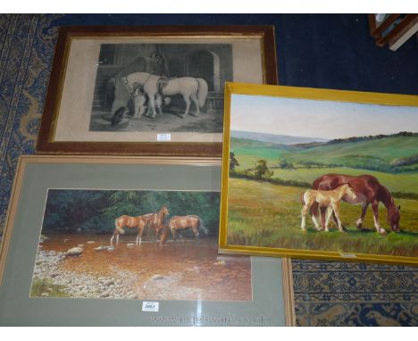 An unsigned Oil on board depicting a mare and foal, a framed Frank Wright print of three horses in a river drinking and an Et