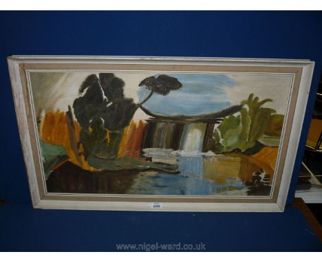 A vintage Oil on board of a waterfall, after Ivon Hitchens, 29" x 16" in mid century frame.