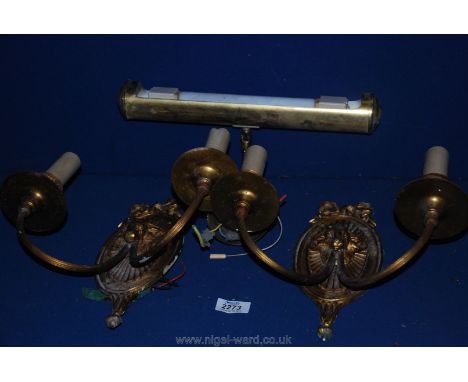 A box of brass wall lights and picture frame light.
