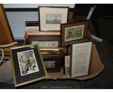 A box of paintings and prints.