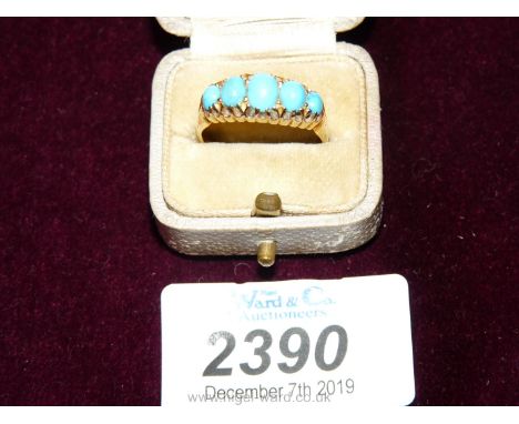 An 18 ct gold Ring set with five turquoise graduated stones, size O