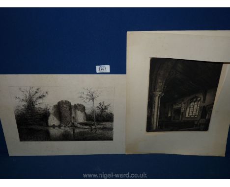 Halstead, a signed etching, 8" x 10" and a pen and ink drawing of Whittington Castle, signed G.H. Eldred 1900, 7 3/4" x 12".