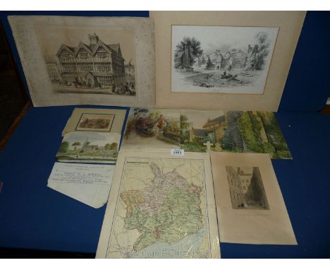 A folder of prints, watercolours, maps, etc.