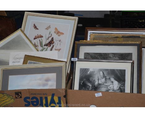 Two boxes of various framed pictures, engravings, prints, etc.