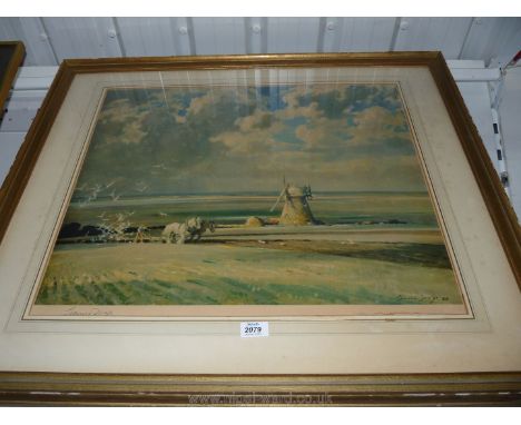 A Lithograph of a ploughing scene with a windmill, signed Edward Seago.