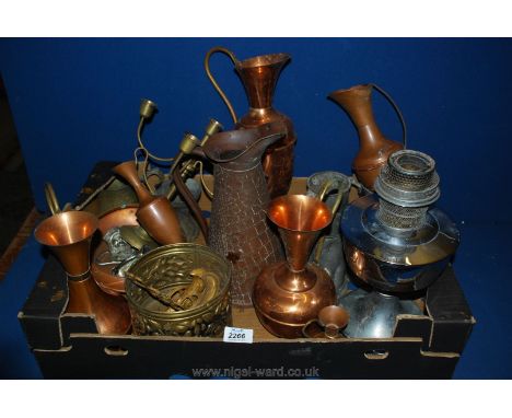 A box of mixed metals including oil lamp, pewter tankards, copper jugs, etc.