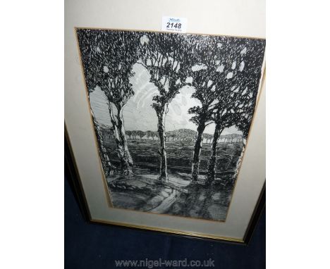 A black and white Print of an ink drawing of a landscape with trees.